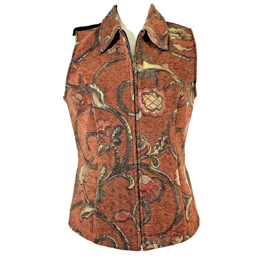 Susan Graver Floral Tapestry‎ Womens Small Vest Suede Back Brown Black